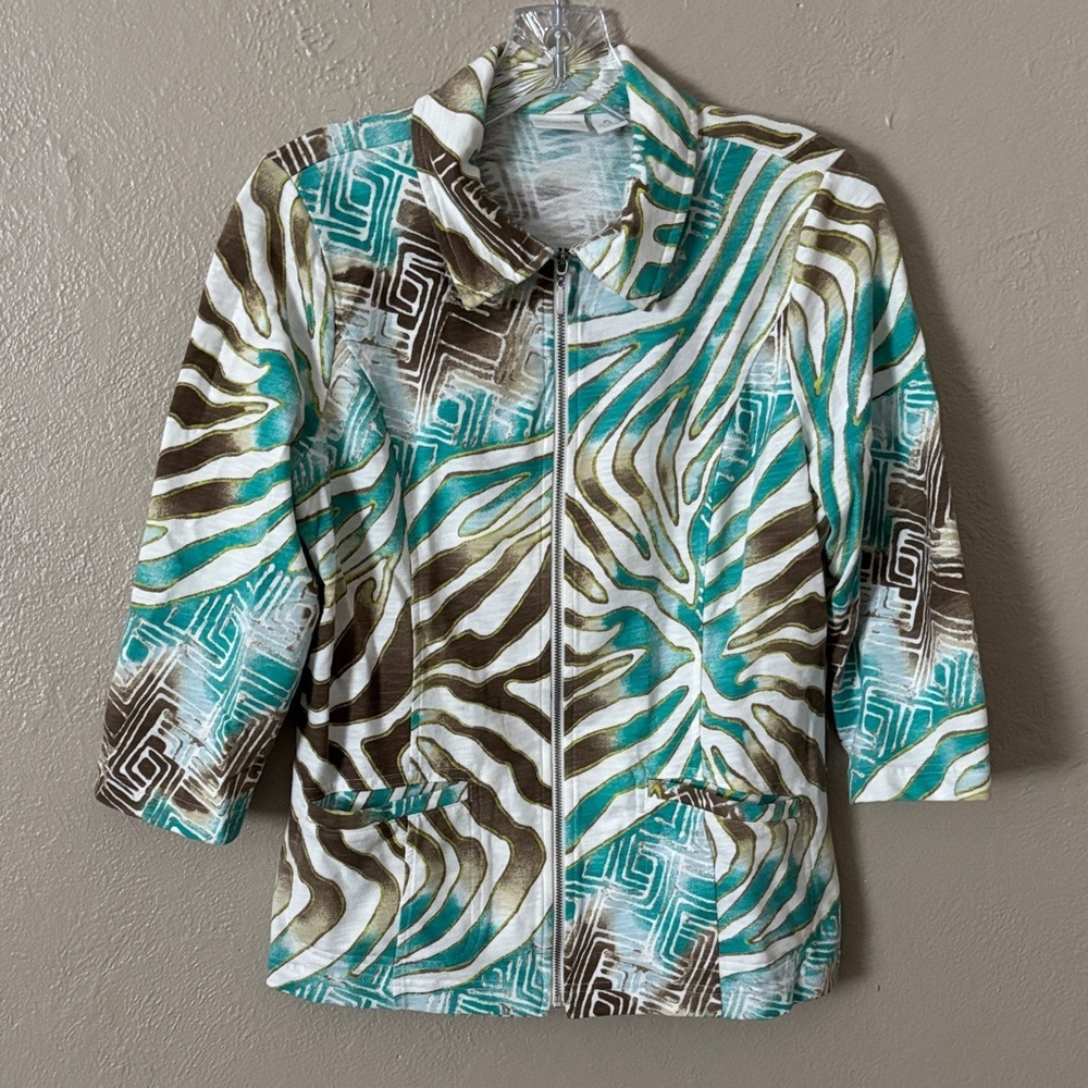 Womens Weekends by Chicos Lightweight Zip Top Jacket, Size 0 Small, Animal Print